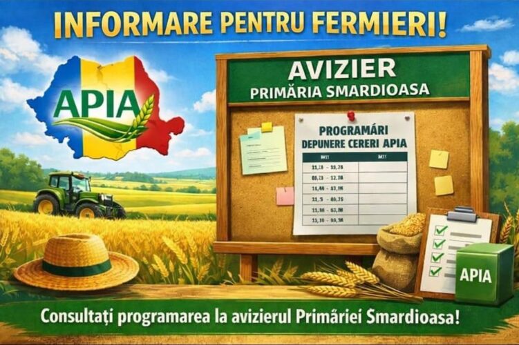 Informare pentu fermieri  - programarile pentru depuneri cereri APIA  se consulta la sediul Smardioasa